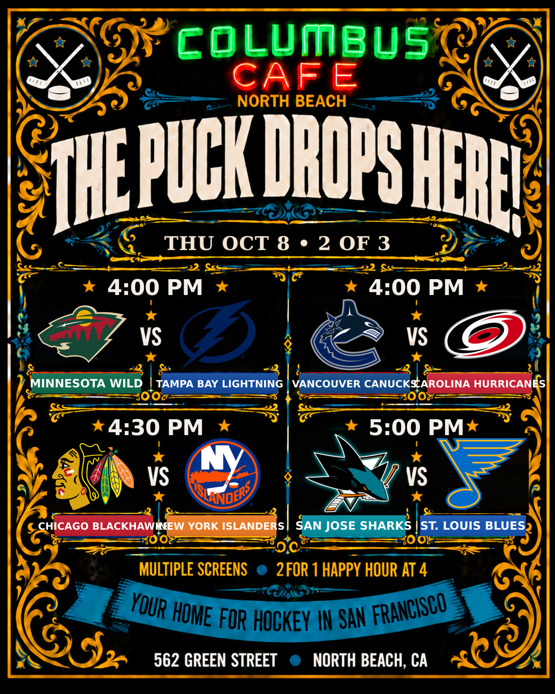 Oct 8 NHL matchups at Columbus Cafe: Utah Mammoth versus Boston Bruins, Dallas Stars versus Buffalo Sabres, Nashville Predators versus Montréal Canadiens, Philadelphia Flyers versus Ottawa Senators, Minnesota Wild versus Tampa Bay Lightning, Vancouver Canucks versus Carolina Hurricanes, Chicago Blackhawks versus New York Islanders, San Jose Sharks versus St. Louis Blues, Colorado Avalanche versus Calgary Flames, Toronto Maple Leafs versus Vegas Golden Knights. Panel 2 of 3.