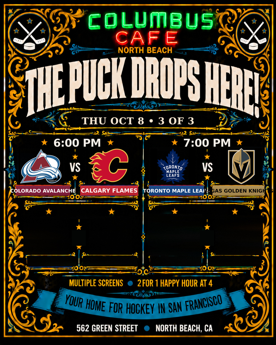 Oct 8 NHL matchups at Columbus Cafe: Utah Mammoth versus Boston Bruins, Dallas Stars versus Buffalo Sabres, Nashville Predators versus Montréal Canadiens, Philadelphia Flyers versus Ottawa Senators, Minnesota Wild versus Tampa Bay Lightning, Vancouver Canucks versus Carolina Hurricanes, Chicago Blackhawks versus New York Islanders, San Jose Sharks versus St. Louis Blues, Colorado Avalanche versus Calgary Flames, Toronto Maple Leafs versus Vegas Golden Knights. Panel 3 of 3.