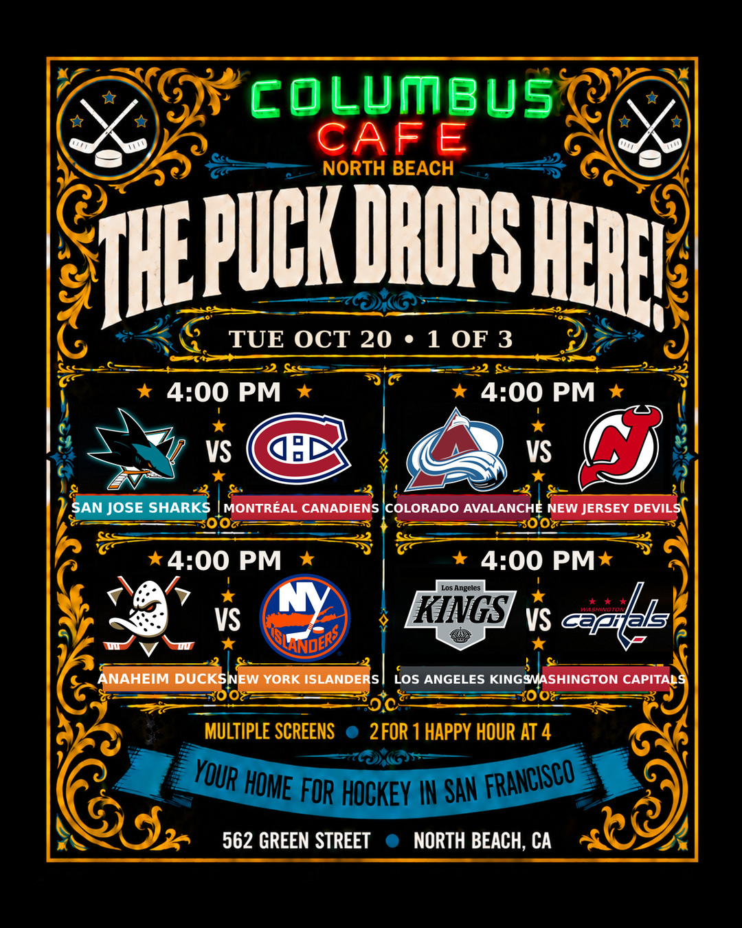Oct 20 NHL matchups at Columbus Cafe: San Jose Sharks versus Montréal Canadiens, Colorado Avalanche versus New Jersey Devils, Anaheim Ducks versus New York Islanders, Los Angeles Kings versus Washington Capitals, Toronto Maple Leafs versus Columbus Blue Jackets, Winnipeg Jets versus St. Louis Blues, Boston Bruins versus Dallas Stars, Minnesota Wild versus Edmonton Oilers, Detroit Red Wings versus Seattle Kraken, Carolina Hurricanes versus Vancouver Canucks, Tampa Bay Lightning versus Vegas Golden Knights. Panel 1 of 3.