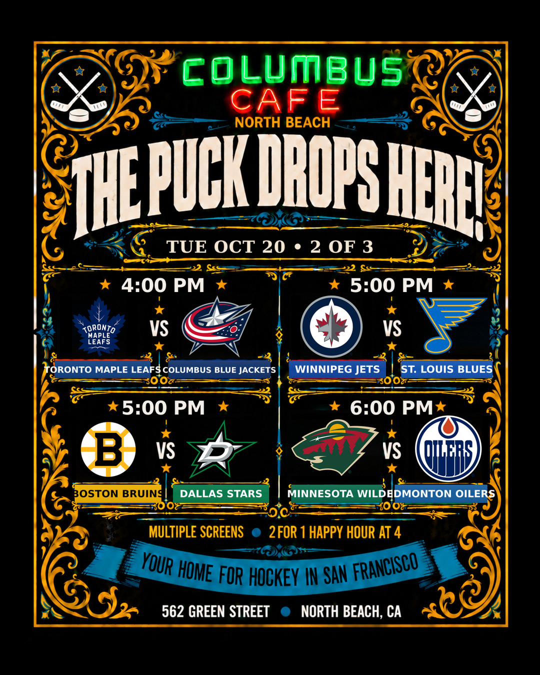 Oct 20 NHL matchups at Columbus Cafe: San Jose Sharks versus Montréal Canadiens, Colorado Avalanche versus New Jersey Devils, Anaheim Ducks versus New York Islanders, Los Angeles Kings versus Washington Capitals, Toronto Maple Leafs versus Columbus Blue Jackets, Winnipeg Jets versus St. Louis Blues, Boston Bruins versus Dallas Stars, Minnesota Wild versus Edmonton Oilers, Detroit Red Wings versus Seattle Kraken, Carolina Hurricanes versus Vancouver Canucks, Tampa Bay Lightning versus Vegas Golden Knights. Panel 2 of 3.