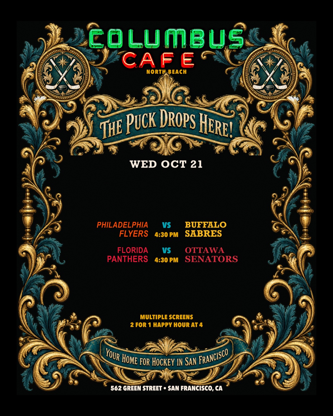 Oct 21 NHL matchups at Columbus Cafe: Philadelphia Flyers versus Buffalo Sabres, Florida Panthers versus Ottawa Senators.