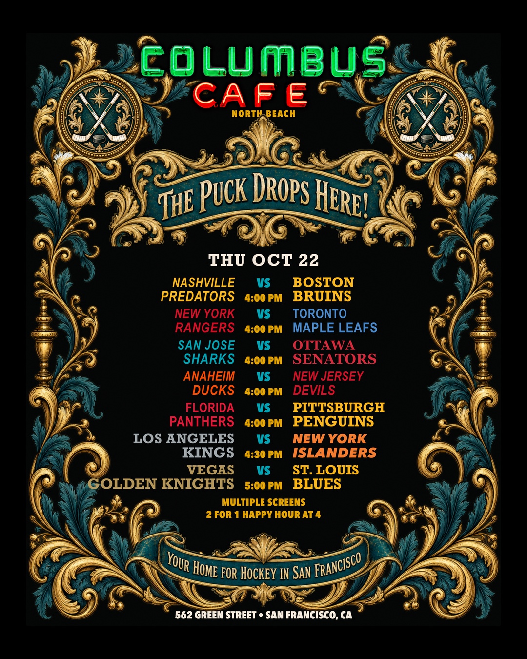 Oct 22 NHL matchups at Columbus Cafe, panel 1 of 2: Nashville Predators versus Boston Bruins, New York Rangers versus Toronto Maple Leafs, San Jose Sharks versus Ottawa Senators, Anaheim Ducks versus New Jersey Devils, Florida Panthers versus Pittsburgh Penguins, Los Angeles Kings versus New York Islanders, Vegas Golden Knights versus St. Louis Blues.