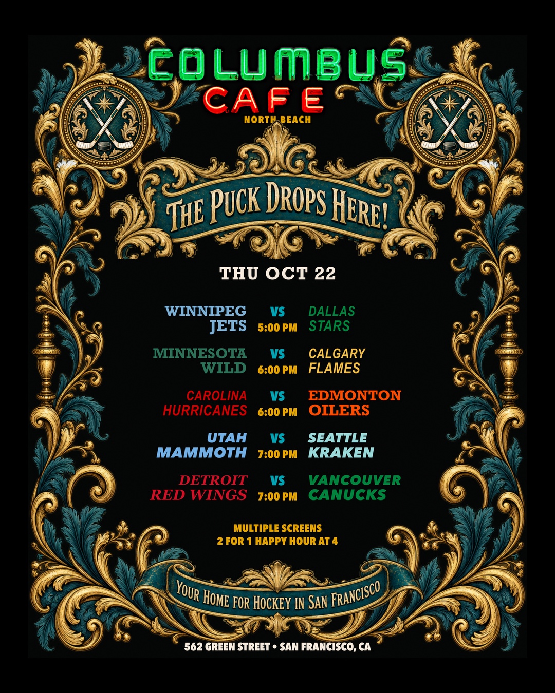 Oct 22 NHL matchups at Columbus Cafe, panel 2 of 2: Winnipeg Jets versus Dallas Stars, Minnesota Wild versus Calgary Flames, Carolina Hurricanes versus Edmonton Oilers, Utah Mammoth versus Seattle Kraken, Detroit Red Wings versus Vancouver Canucks.