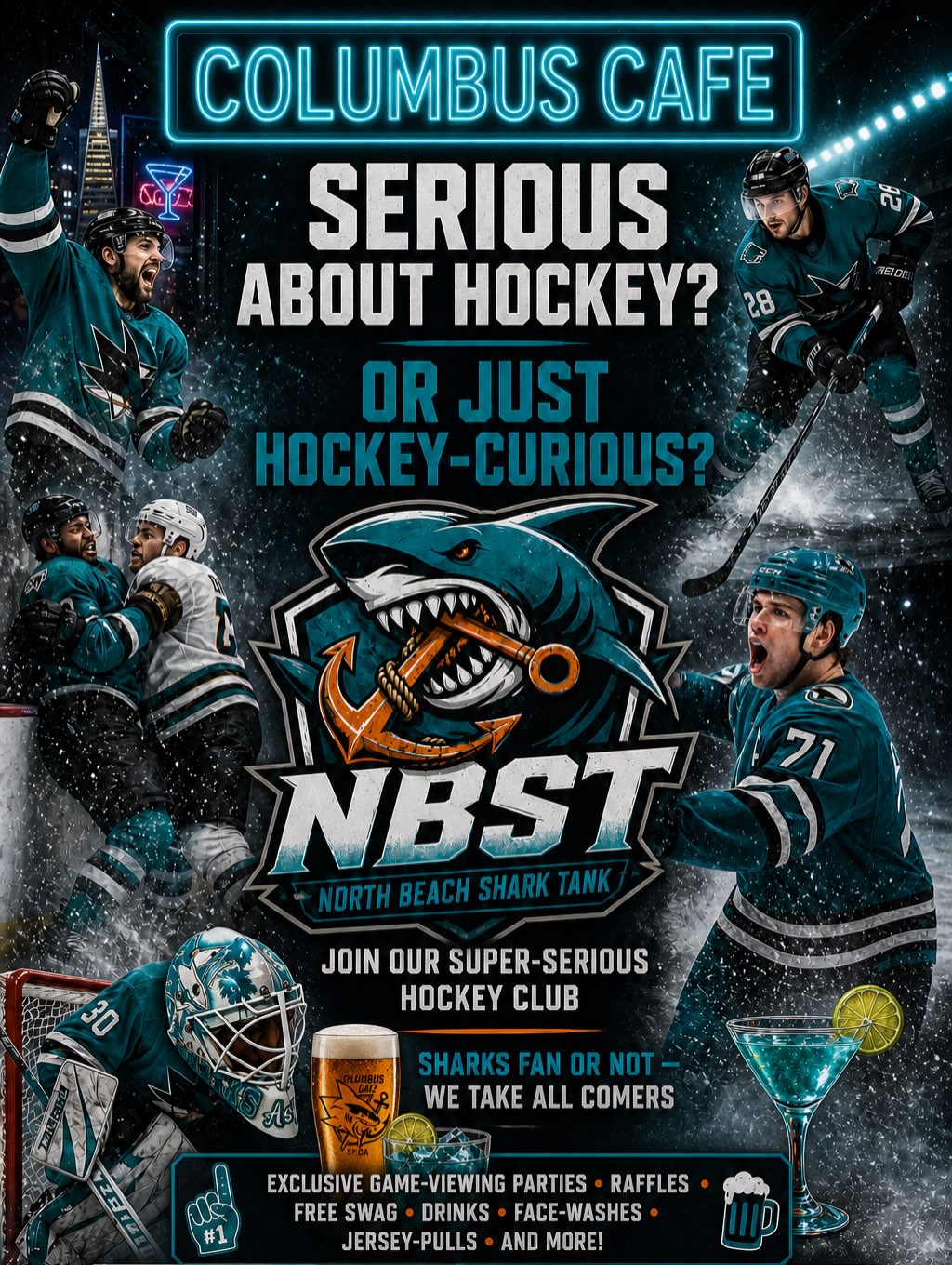 San Francisco Shark Tank signup poster for private game viewing parties and drink deals