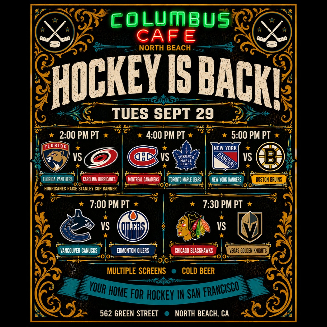 Hockey Is Back poster inviting Sharks and NHL fans to Columbus Cafe