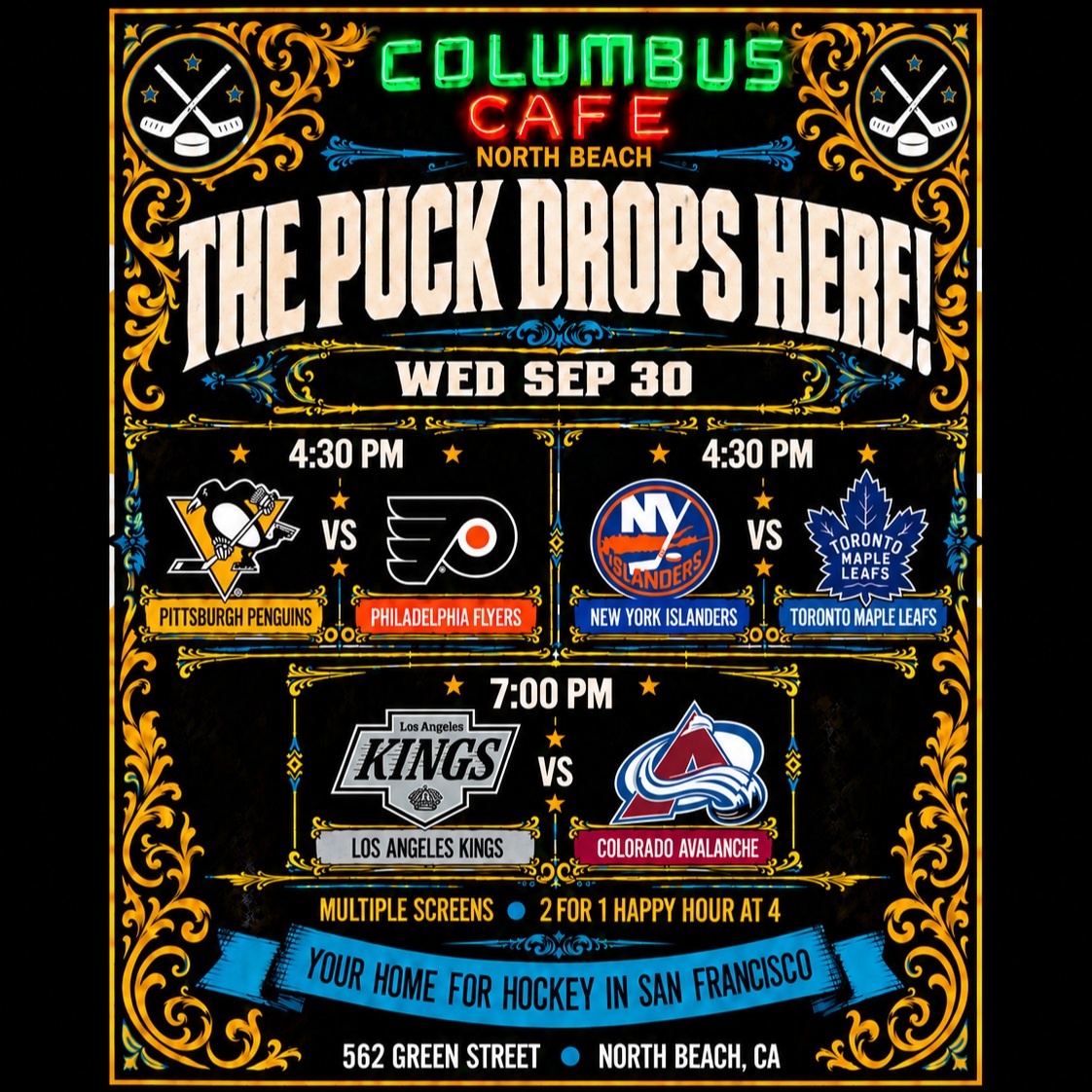 September 30 hockey matchups at Columbus Cafe: Penguins vs Flyers, Islanders vs Maple Leafs, and Kings vs Avalanche