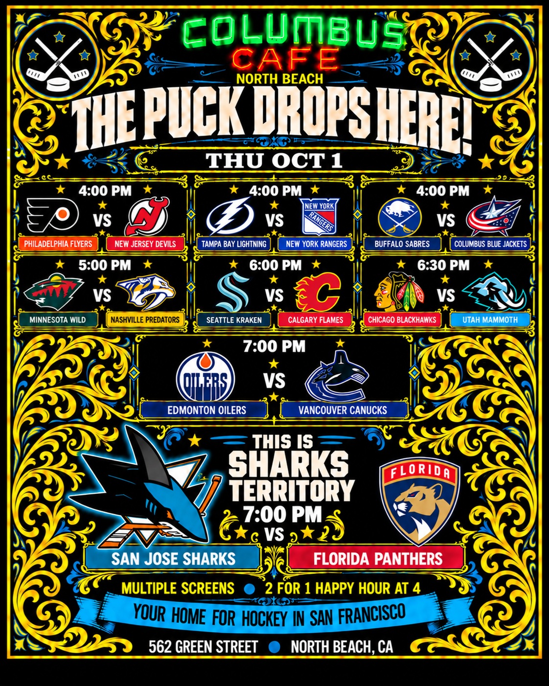 San Jose Sharks season opener poster from Columbus Cafe Sports