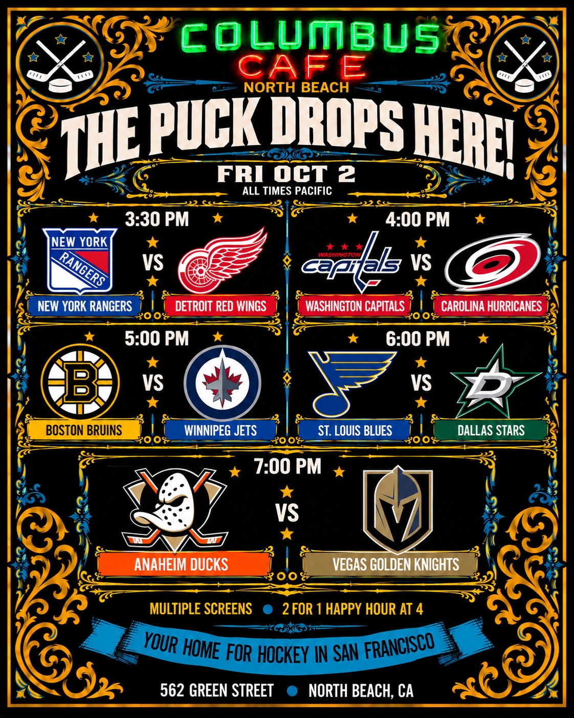 NHL matchup poster with several games available at Columbus Cafe