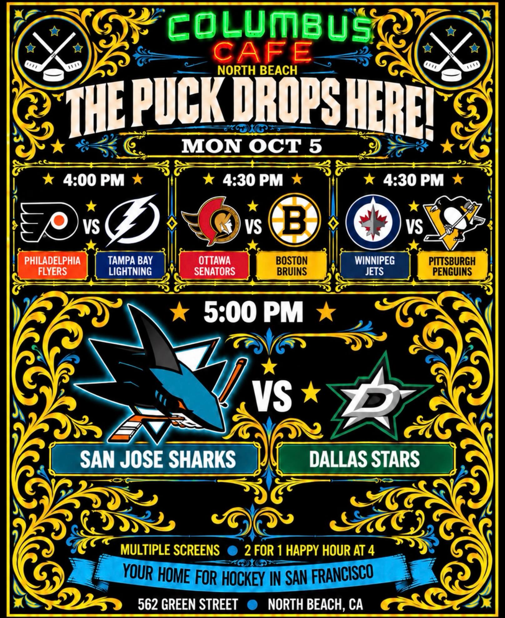 October 5 hockey matchups at Columbus Cafe including San Jose Sharks vs Dallas Stars