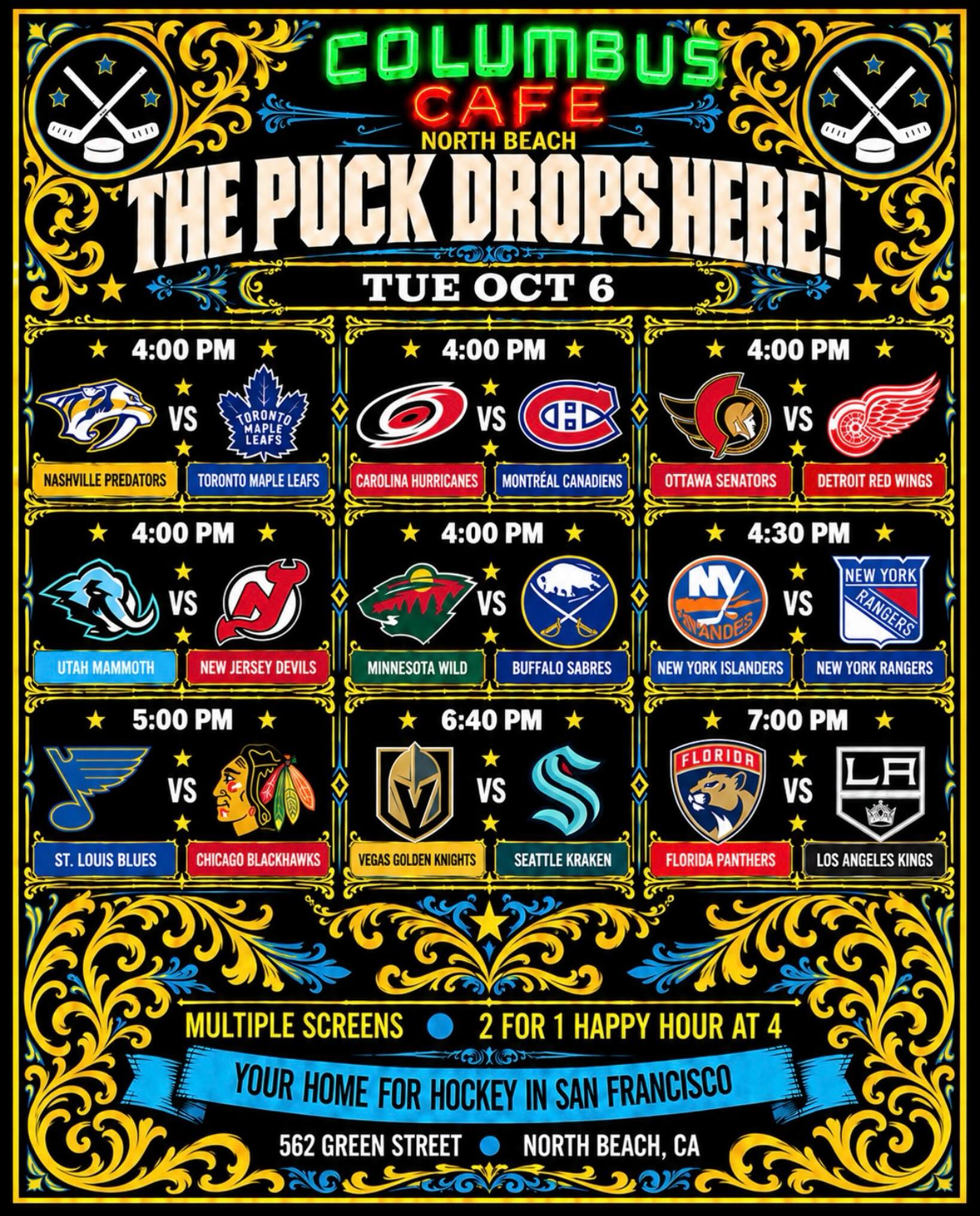 October 6 nine-game NHL matchup schedule at Columbus Cafe