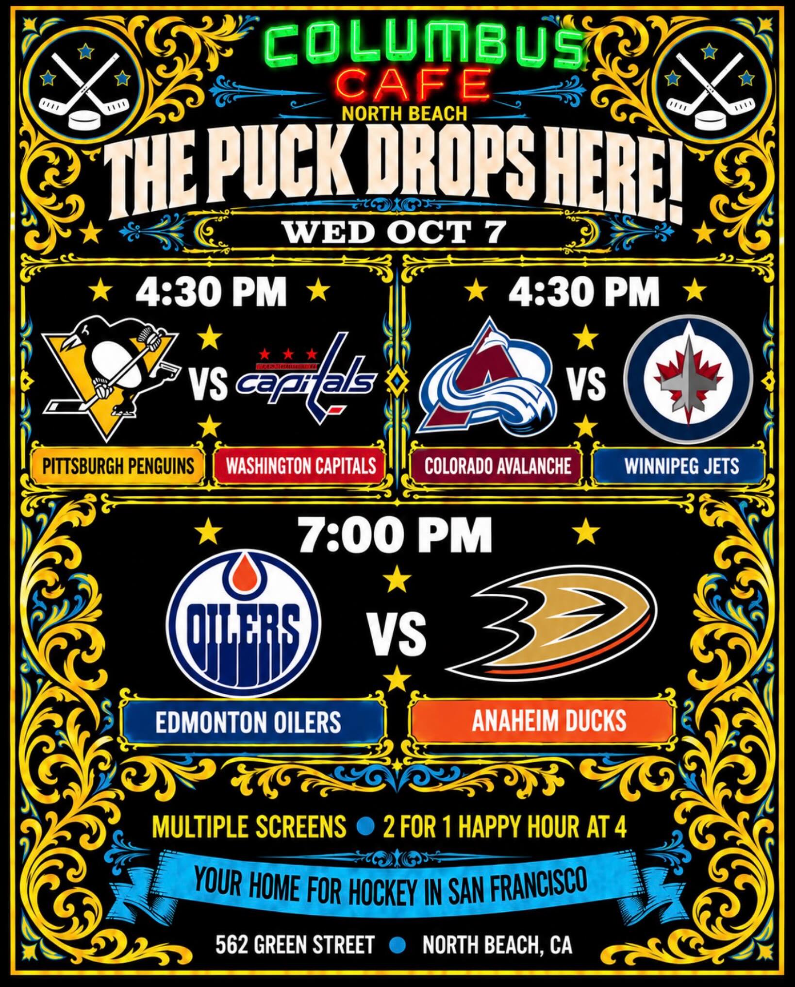 October 7 hockey matchups at Columbus Cafe: Penguins vs Capitals, Avalanche vs Jets, and Oilers vs Ducks